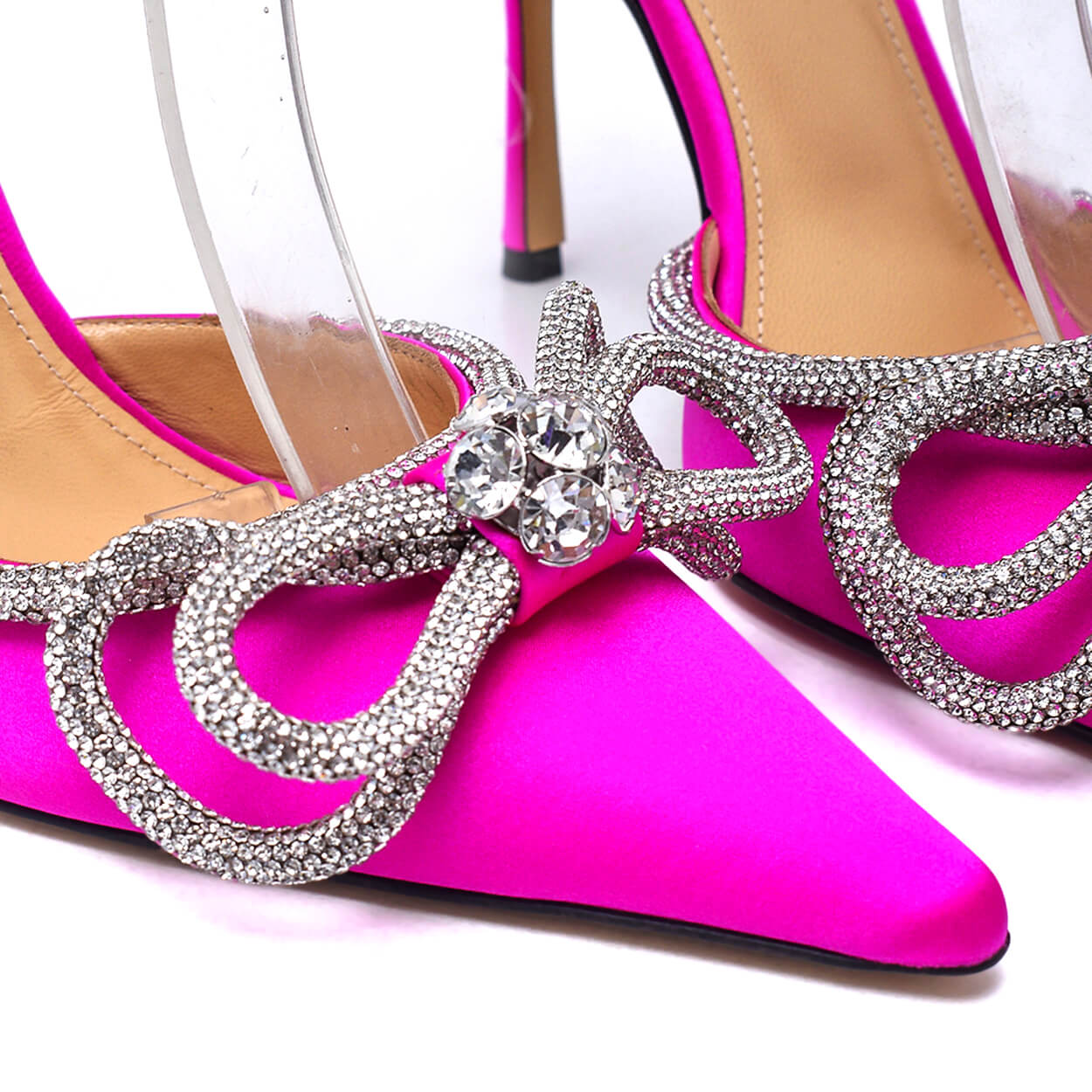 Mach & Mach - Fuschia Pink Double Bow Crystal Embellished Silk Satin Point-toe Pumps